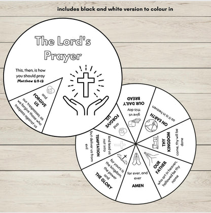 Two printable prayer crafts wheels labelled 'The Lord's Prayer' on a light wood background, with text at the top stating it includes a black and white version to colour in.
