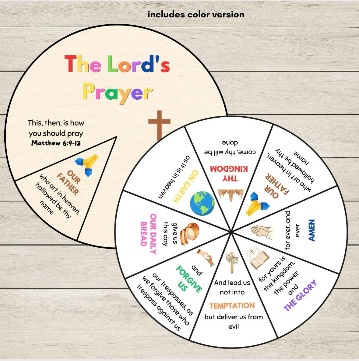 A circular "The Lord's Prayer"  craft wheel shown on a light wood background, with two overlapping pie-chart-style sections containing prayer text, a cross, and small colored icons. Text at the top says "includes color version.