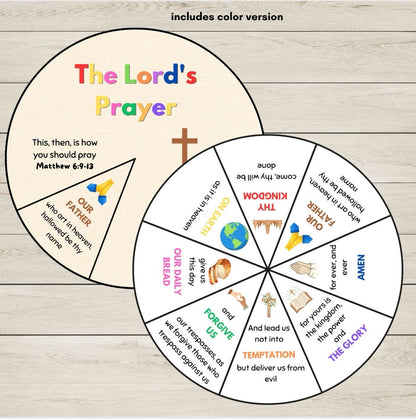 A circular "The Lord's Prayer"  craft wheel shown on a light wood background, with two overlapping pie-chart-style sections containing prayer text, a cross, and small colored icons. Text at the top says "includes color version.