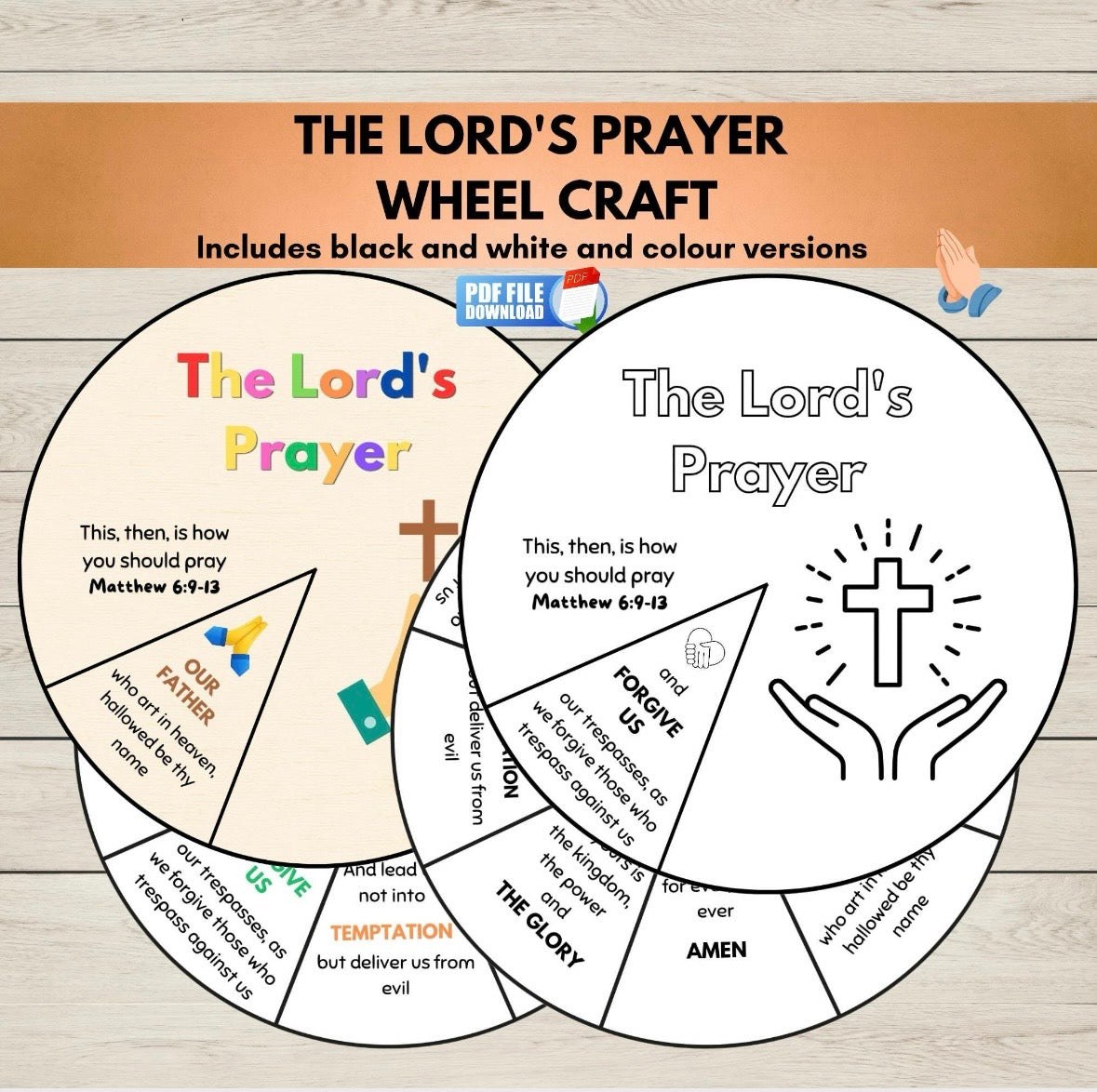 Two digital wheel crafts for kids featuring The Lord's Prayer, one in black and white and the other colour, ideal for Sunday School and Christian learning. 