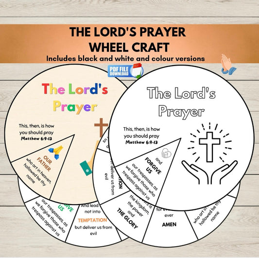 Two digital wheel crafts for kids featuring The Lord's Prayer, one in black and white and the other colour, ideal for Sunday School and Christian learning. 