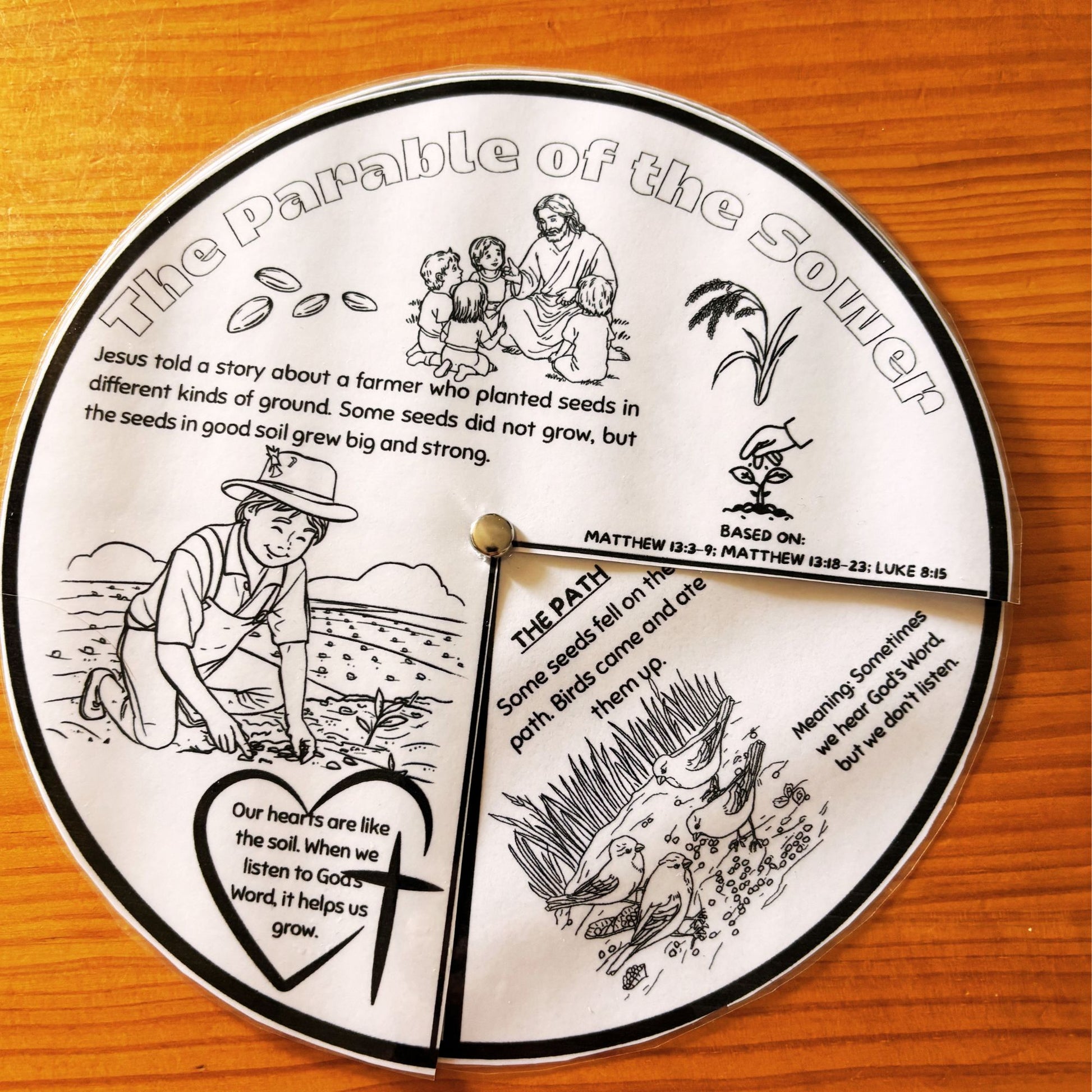A circular white and black bible craft wheel featuring the Parable of the Sower Story.