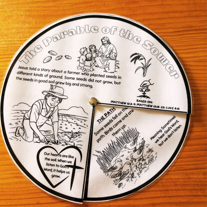 A circular white and black bible craft wheel featuring the Parable of the Sower Story.