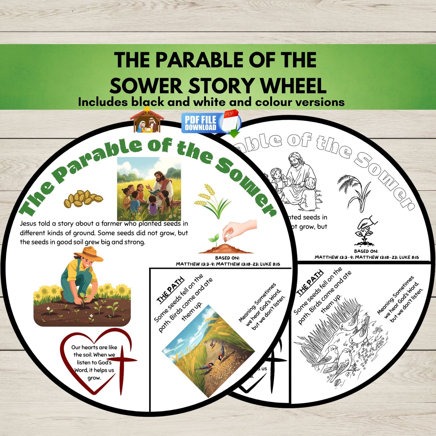 A printable bible craft wheel 'The Parable of the Sower Story' with black and white and colour versions. 