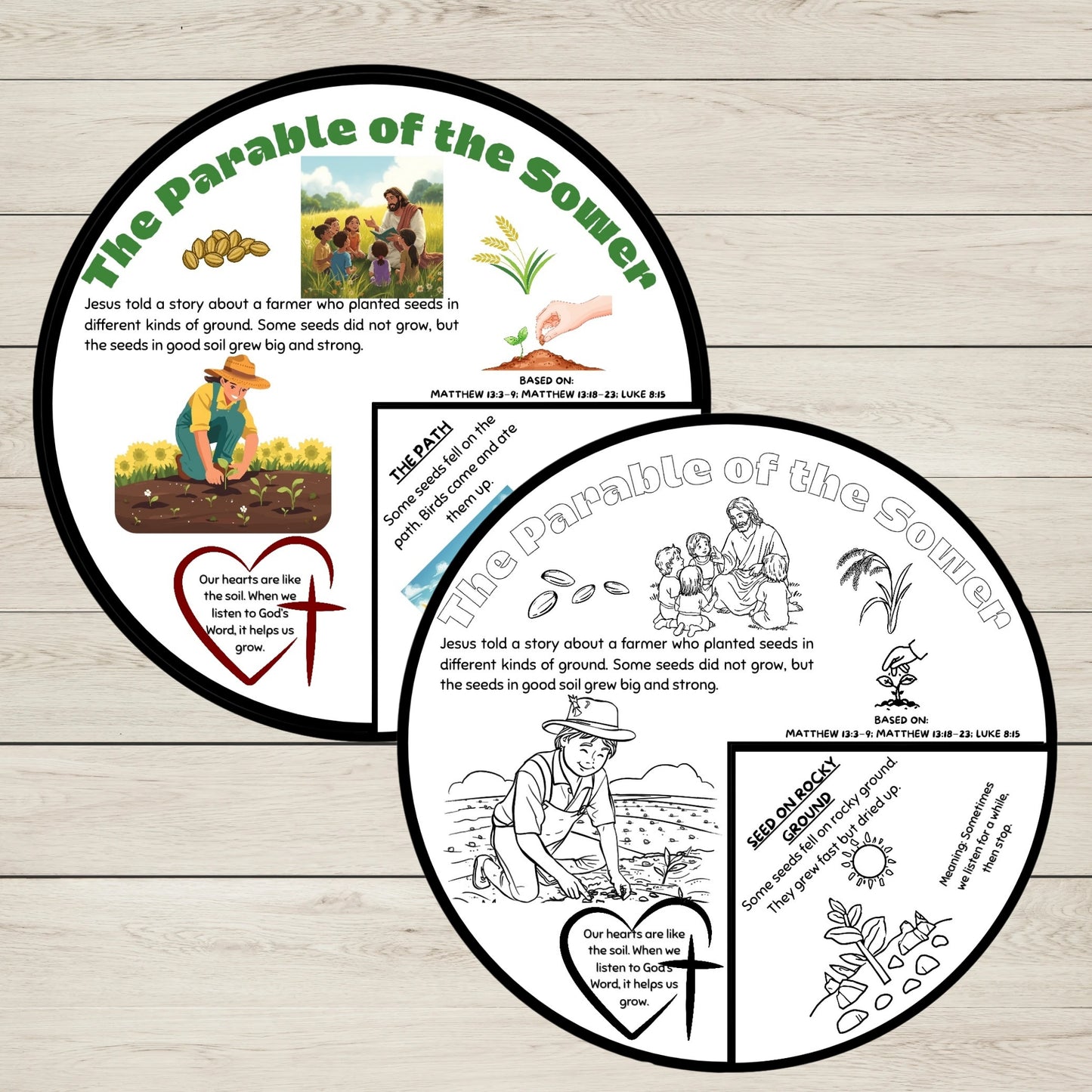 Interactive parable of the sower bible story wheel for children in colour and black and white