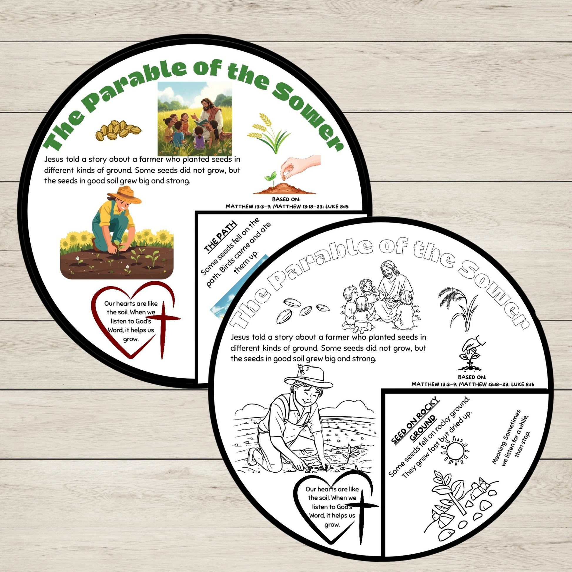 Interactive parable of the sower bible story wheel for children in colour and black and white