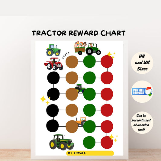 Printable tractor-themed reward chart for kids with circle spaces for stickers or check marks for tracking good behavior and daily tasks.