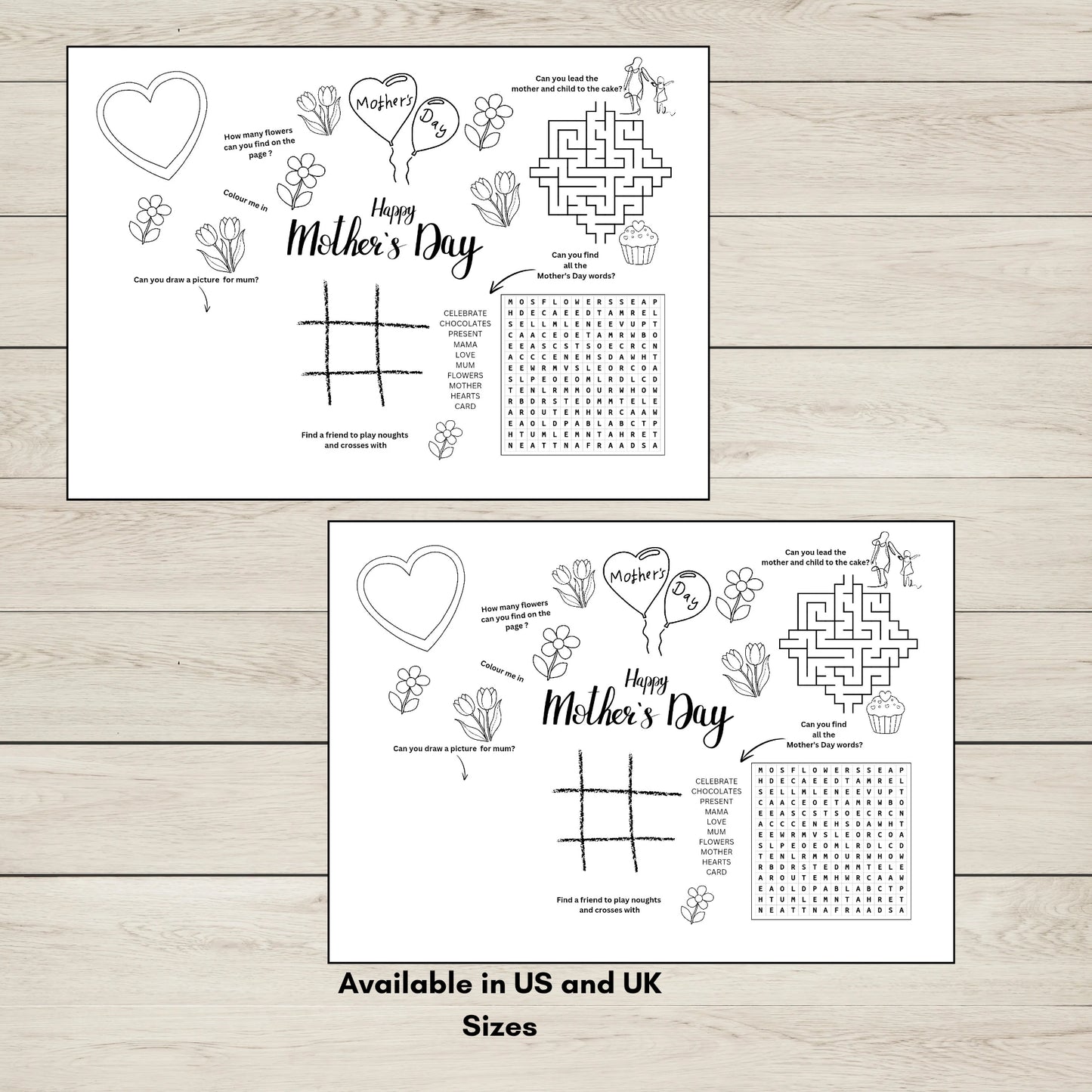 Two printable Mother's Day Activity Pages with colouring and puzzles for kids. 