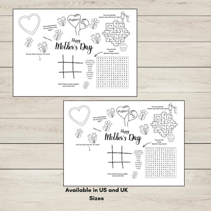 Two printable Mother's Day Activity Pages with colouring and puzzles for kids. 