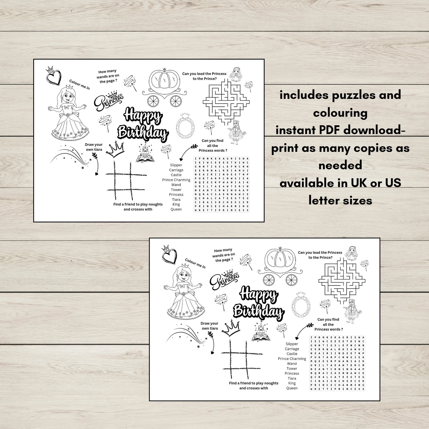 Two Princess birthday-themed activity sheets with puzzles and colouring for kids. 