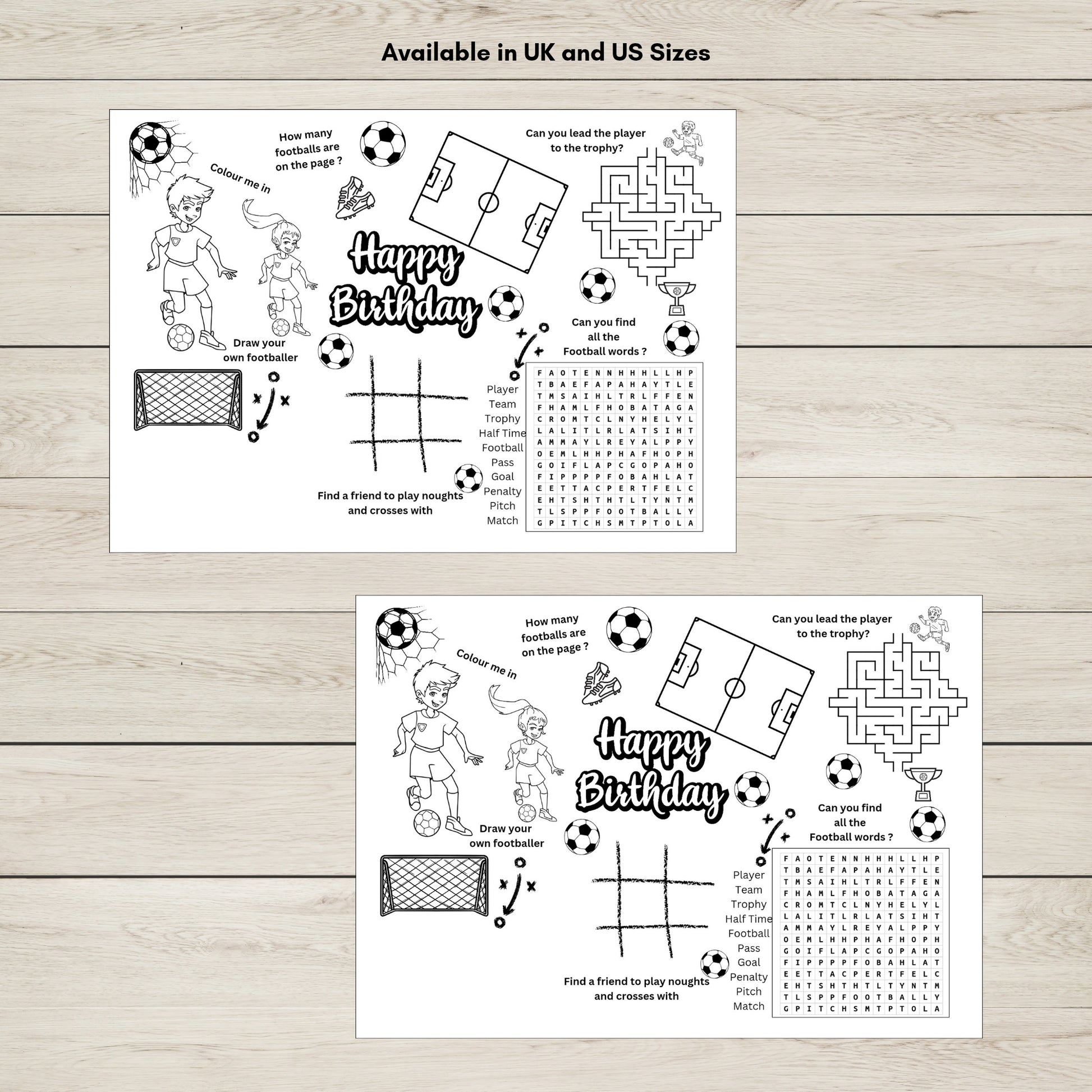 Two soccer-themed birthday activity sheets for kids. 