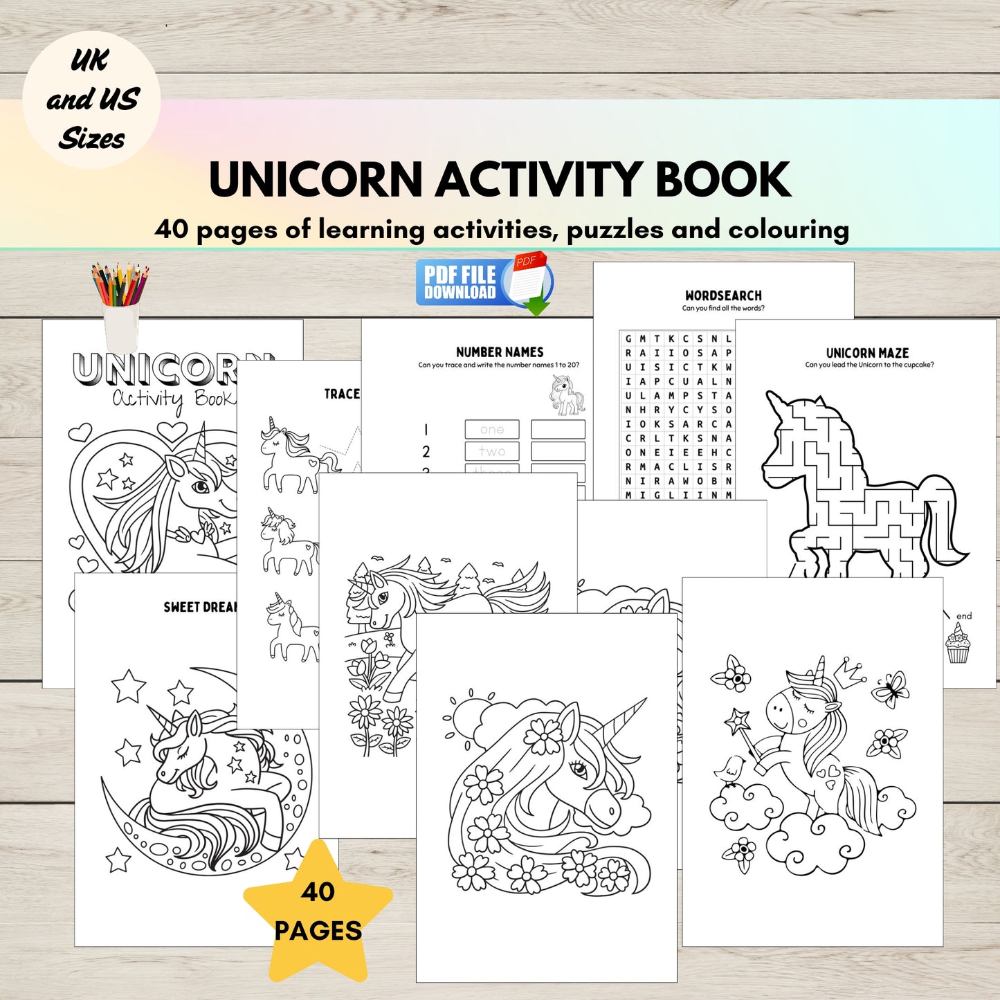 Unicorn activity book with various coloring pages and puzzles for kids.