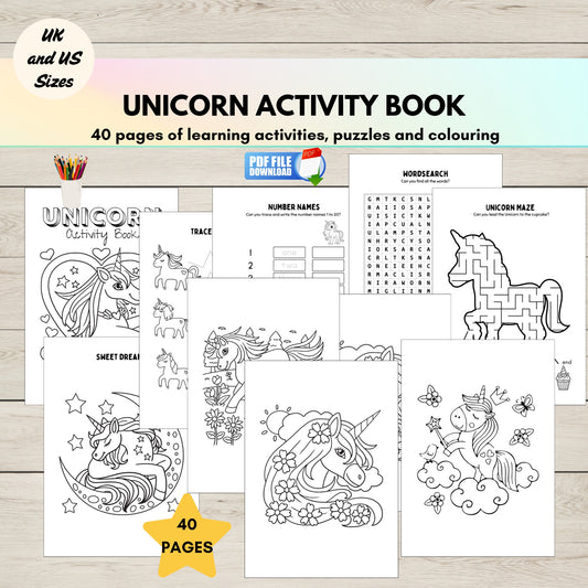 Unicorn activity book with various coloring pages and puzzles for kids.