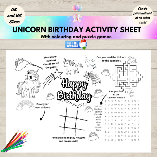 Printable unicorn birthday activity place mat for kids-featuring unicorn colouring page, word search, and maze puzzle – perfect for unicorn-themed parties