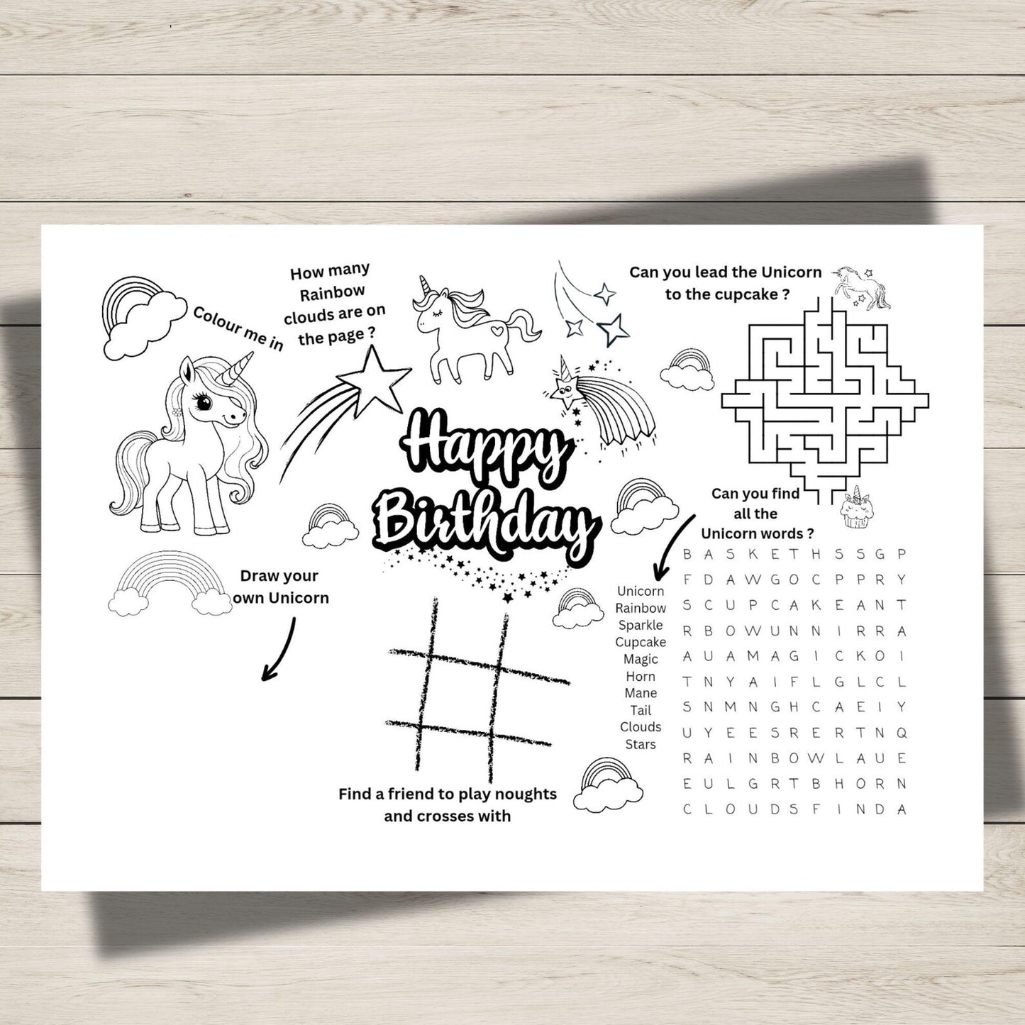 Unicorn-themed birthday activity sheet for kids birthday party. 