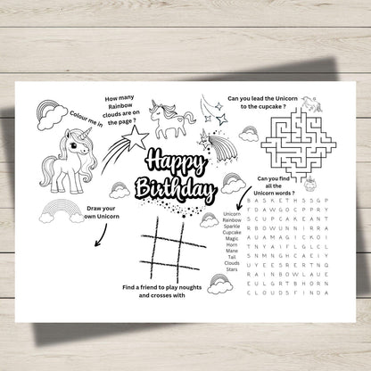 Unicorn-themed birthday activity sheet for kids birthday party. 