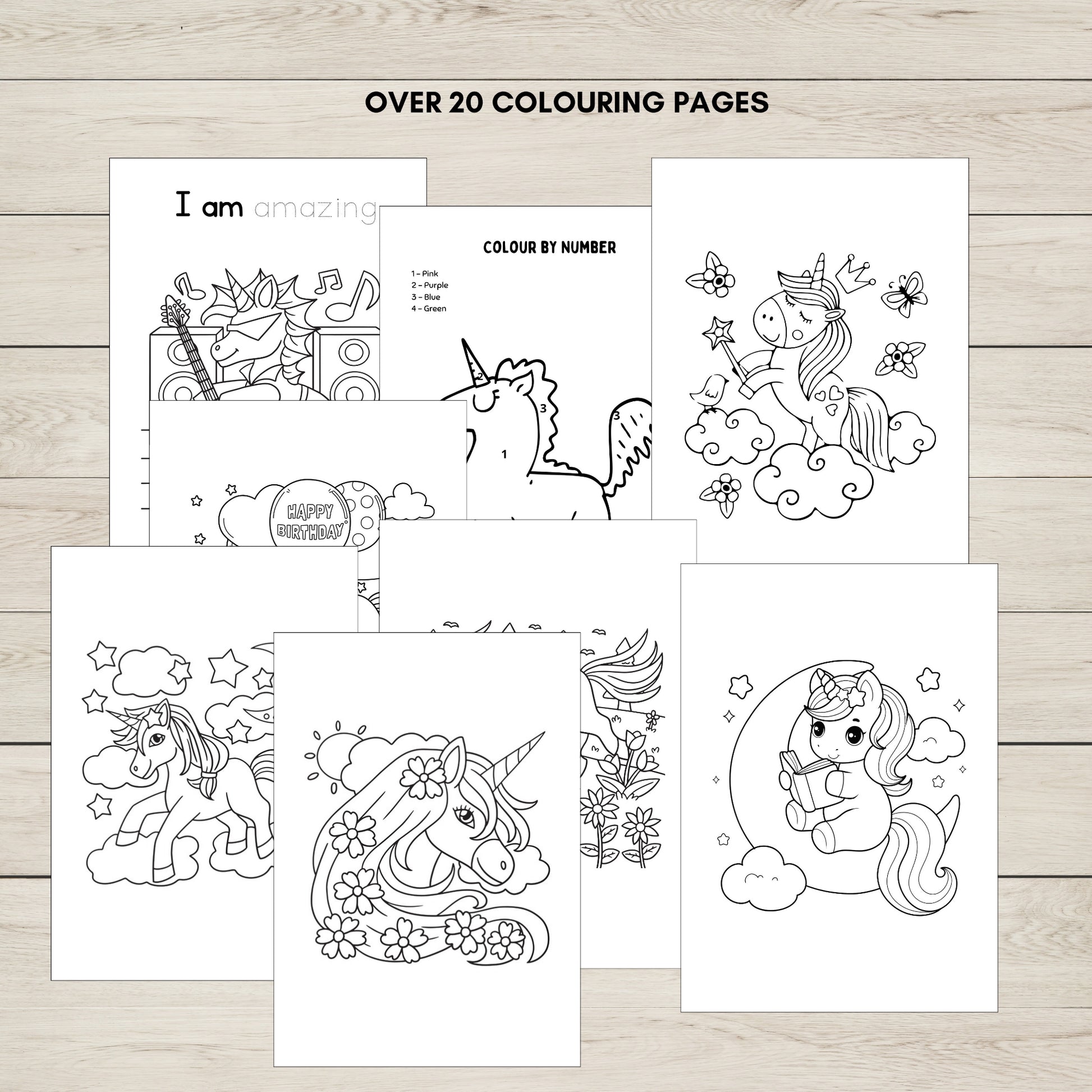 Collection of unicorn colouring pages for kids. 