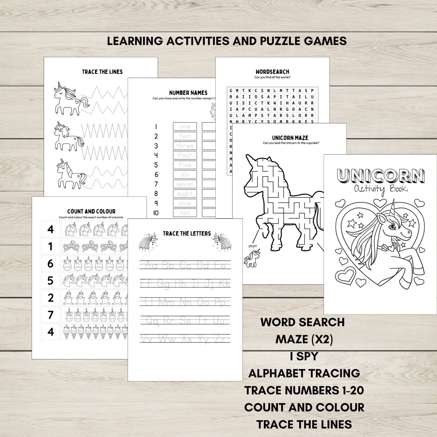 Unicorn-themed  learning activities and puzzle pages for kids. 