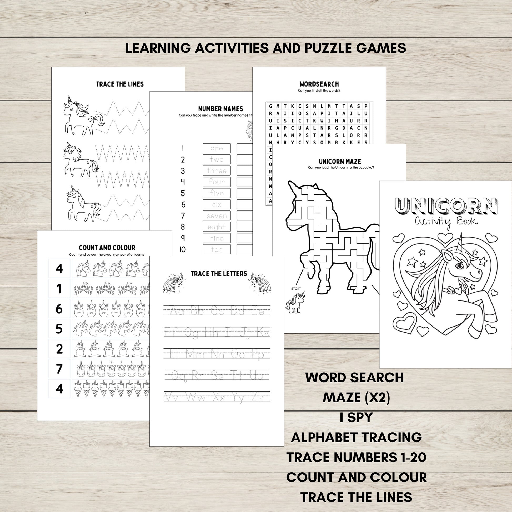 Unicorn-themed  learning activities and puzzle pages for kids. 