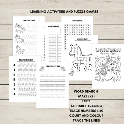 Unicorn-themed  learning activities and puzzle pages for kids. 