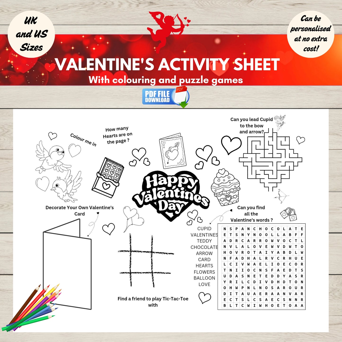 Printable Valentine’s Day activity placemat for kids with word search, tic-tac-toe, colouring, and maze -perfect for classroom or party use.