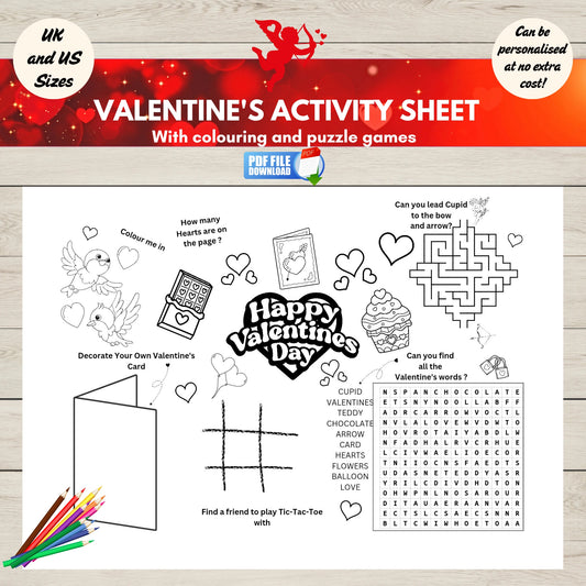 Printable Valentine’s Day activity placemat for kids with word search, tic-tac-toe, colouring, and maze -perfect for classroom or party use.