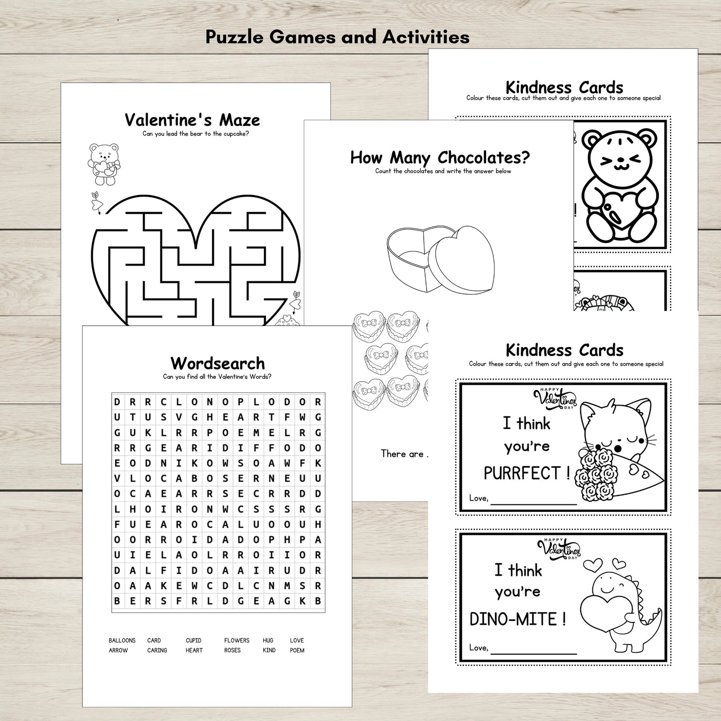 Valentine's Day themed activity sheets including a maze, word search, and kindness cards for kids.