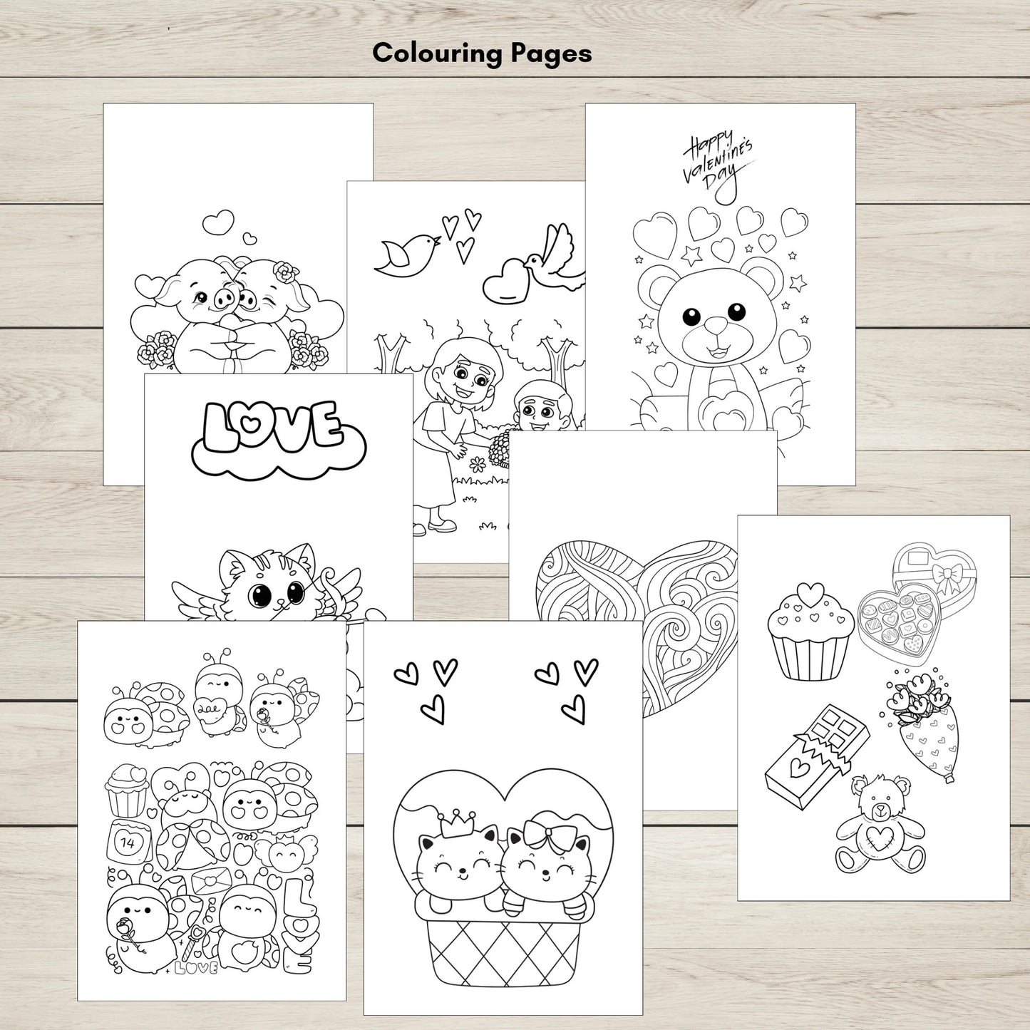 Valentine’s Day colouring pages and colour by number activities.