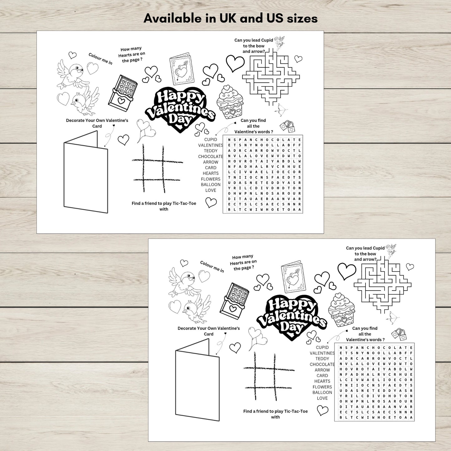 Two Valentine's Day activity sheets with a maze, word search, and other games showing UK and US Letter sizes. 