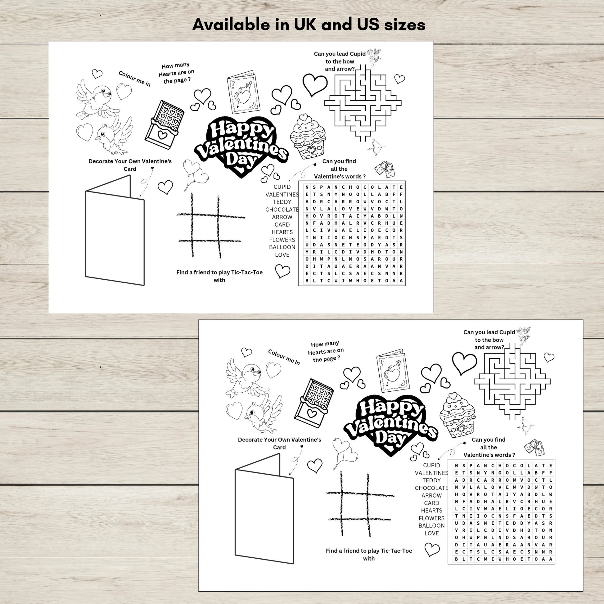 Two Valentine's Day activity sheets with a maze, word search, and other games showing UK and US Letter sizes. 