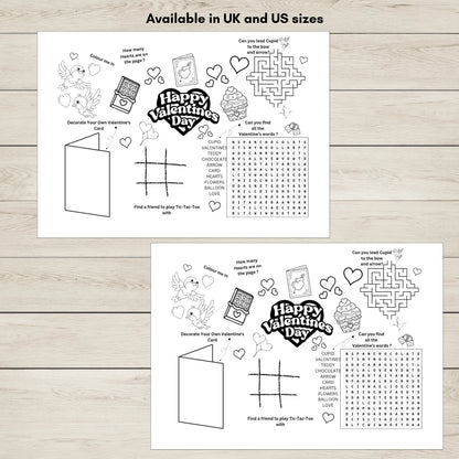 Two Valentine's Day activity sheets with a maze, word search, and other games showing UK and US Letter sizes. 