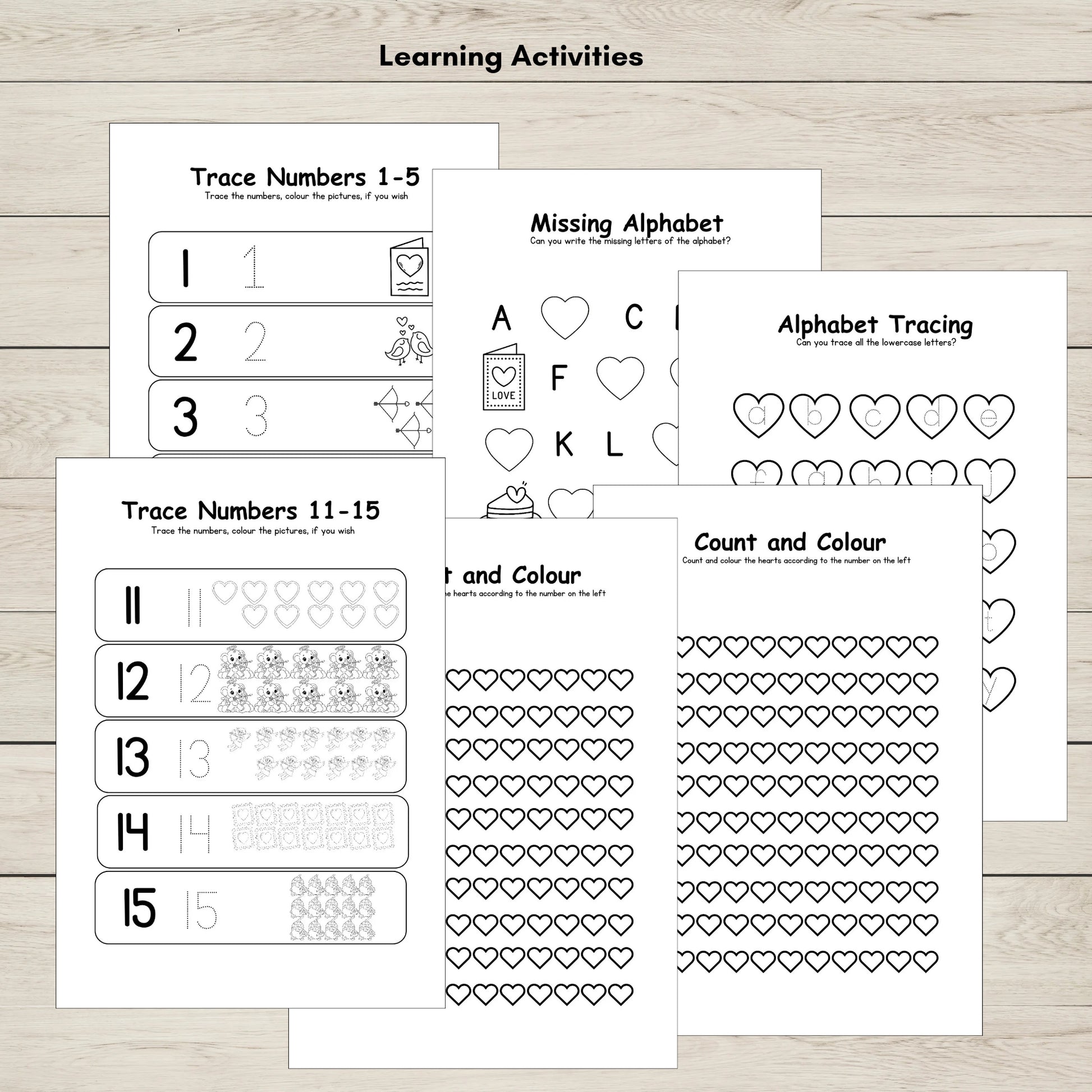 Valentine’s letter tracing and number tracing worksheets.