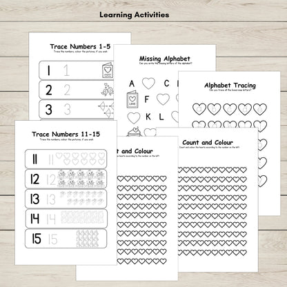 Valentine’s letter tracing and number tracing worksheets.