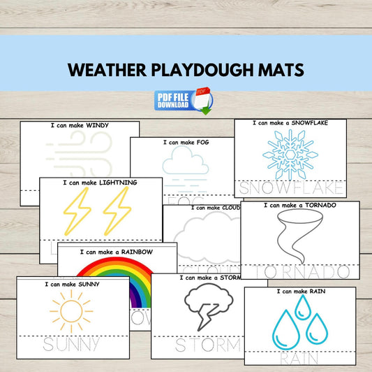 Printable weather-themed play dough mats for kids featuring clouds, sun, rain, and other weather elements to support sensory play and early learning.