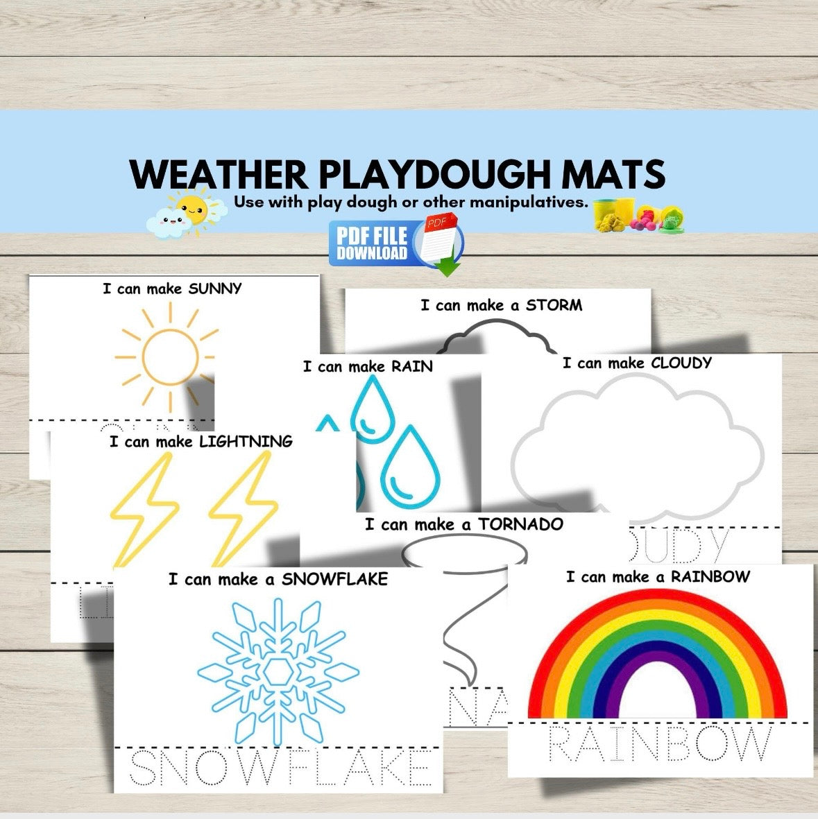 Printable weather-themed play dough mats for kids featuring clouds, sun, rain, and other weather elements to support sensory play and early learning.