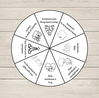 Wheel chart with kindness tasks for kids on a wooden background.