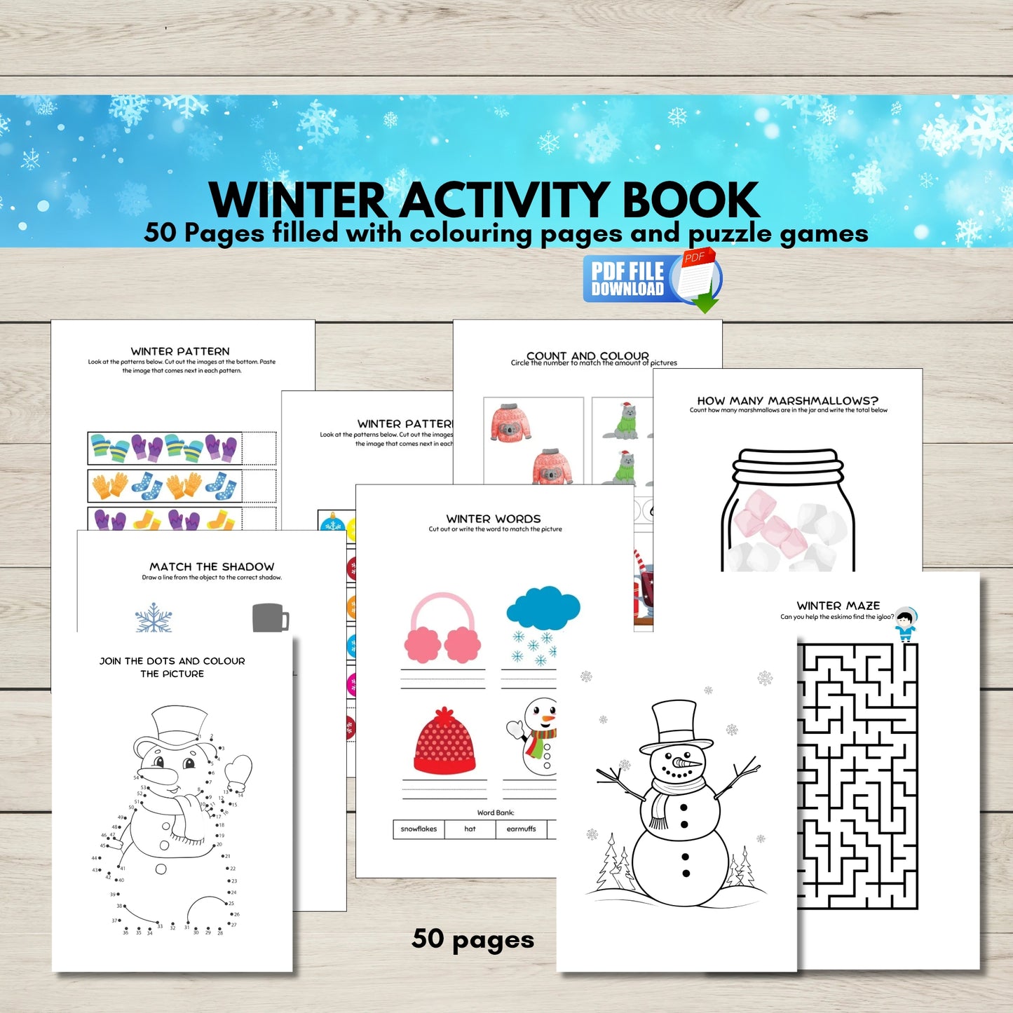 Winter activity book with colouring pages and puzzle games on a wooden surface