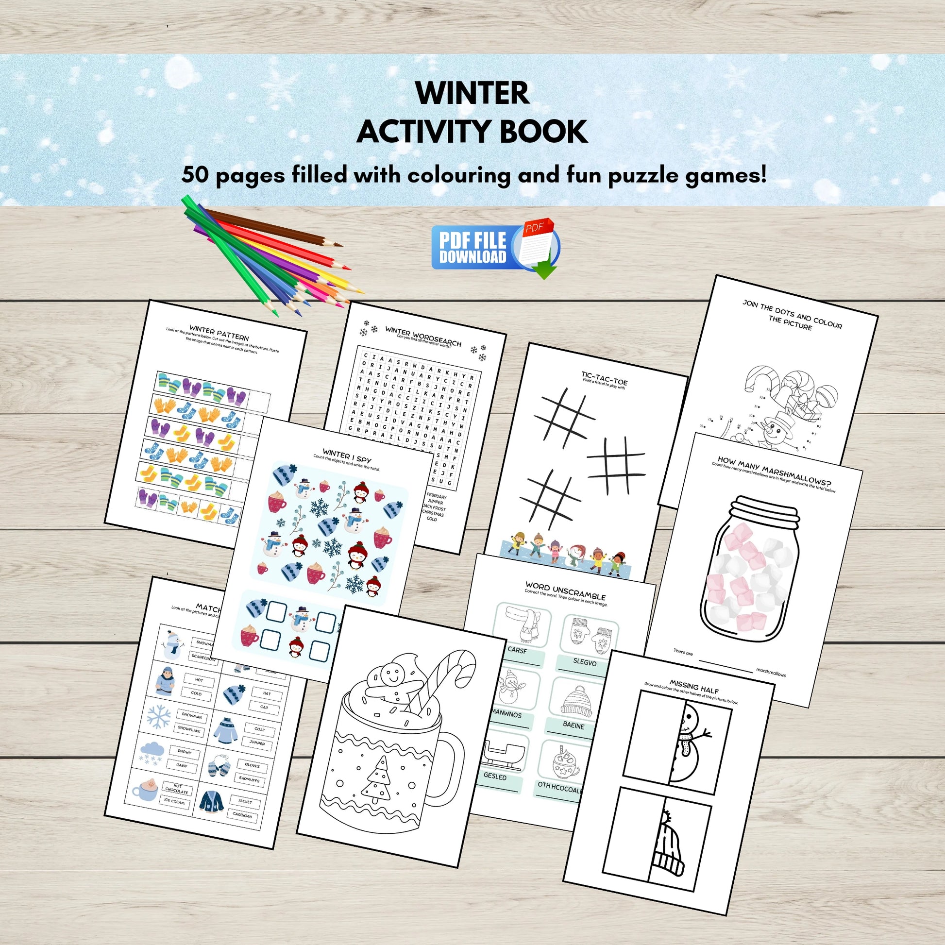 A printable activity book for kids with puzzle games, colouring and learning activities. 