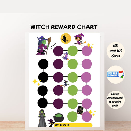 A printable witch themed reward chart for kids.