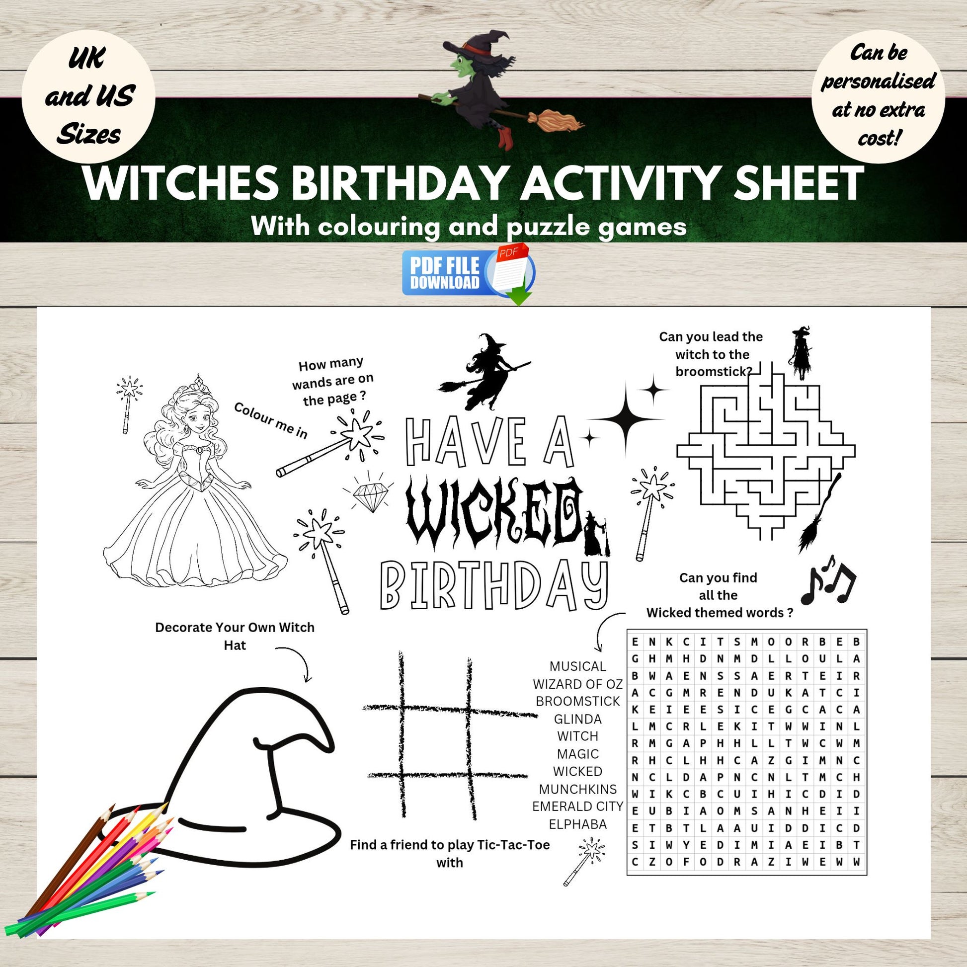 A witch, wicked inspired, birthday activity sheet printable for kids. With colouring and puzzle games.