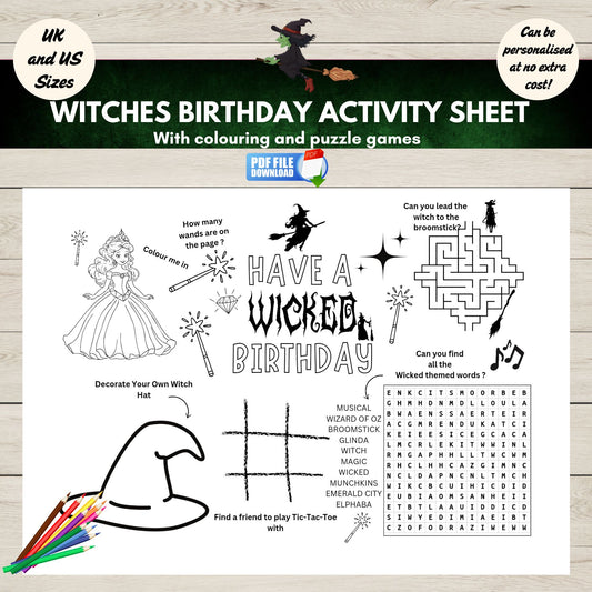 A witch, wicked inspired, birthday activity sheet printable for kids. With colouring and puzzle games.