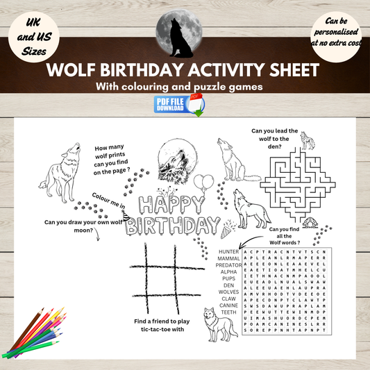 Printable wolf-themed birthday activity mat with fun puzzles and colouring activities for kids’ party entertainment.