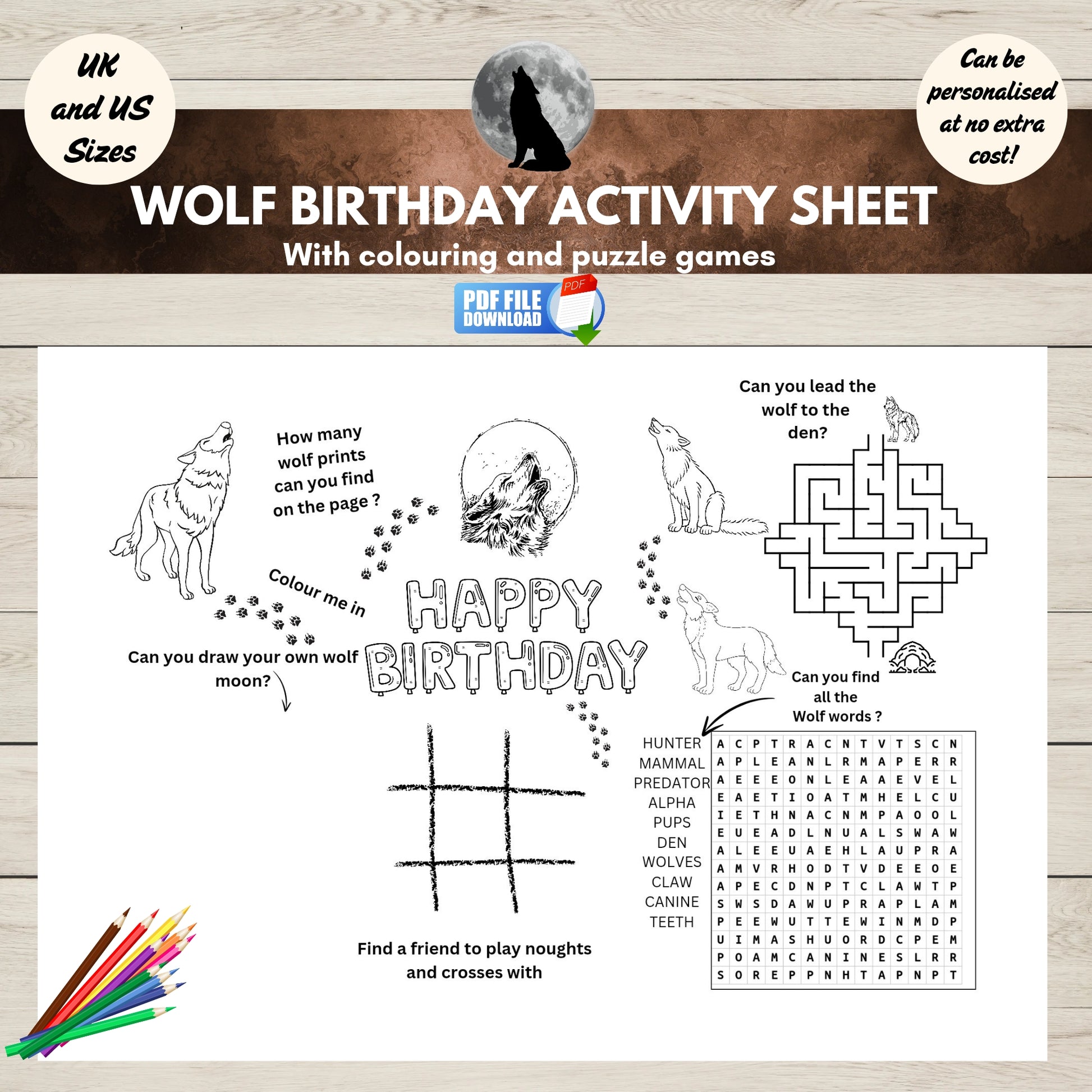 Printable wolf-themed birthday activity mat with fun puzzles and colouring activities for kids’ party entertainment.