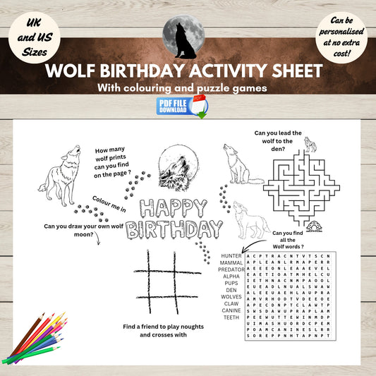 Printable wolf-themed birthday activity mat with fun puzzles and colouring activities for kids’ party entertainment.