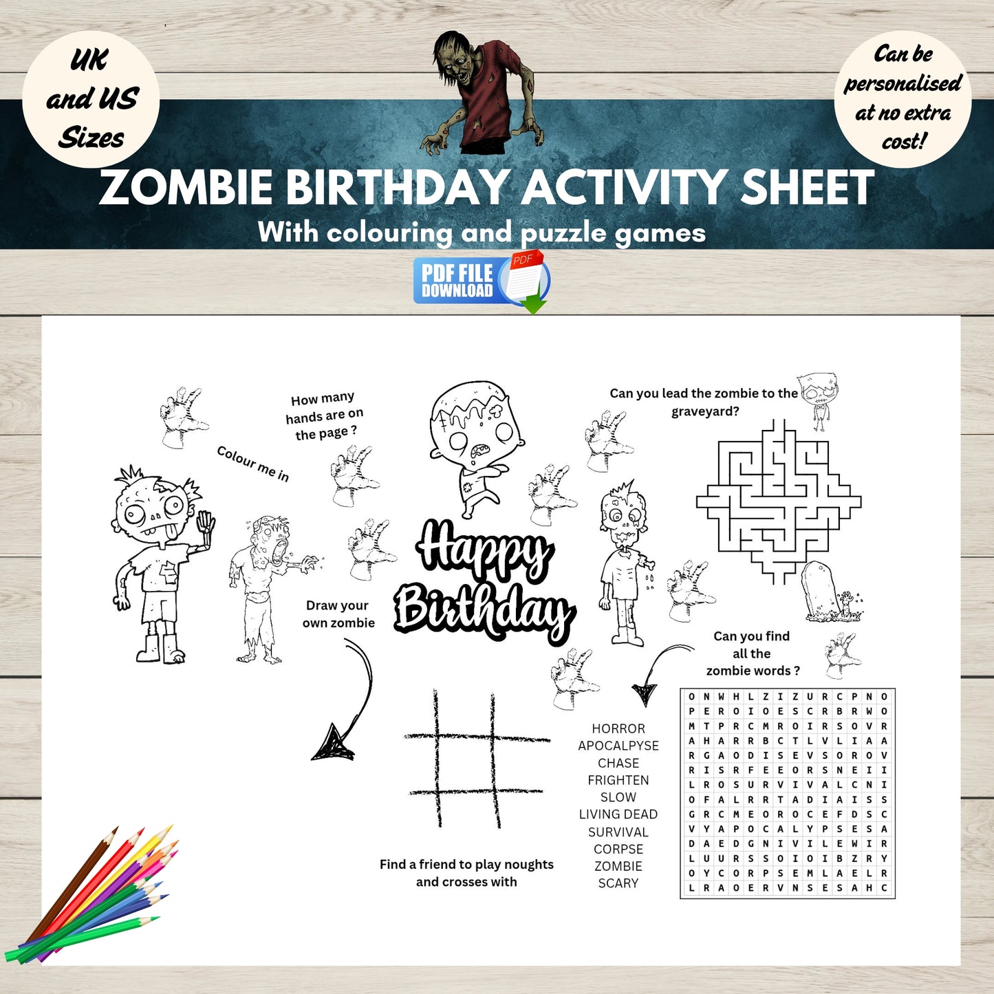 Zombie Birthday Activity Sheet for Kids with Colouring and Puzzles.