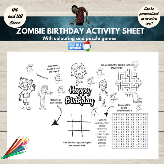 Zombie Birthday Activity Sheet for Kids with Colouring and Puzzles.