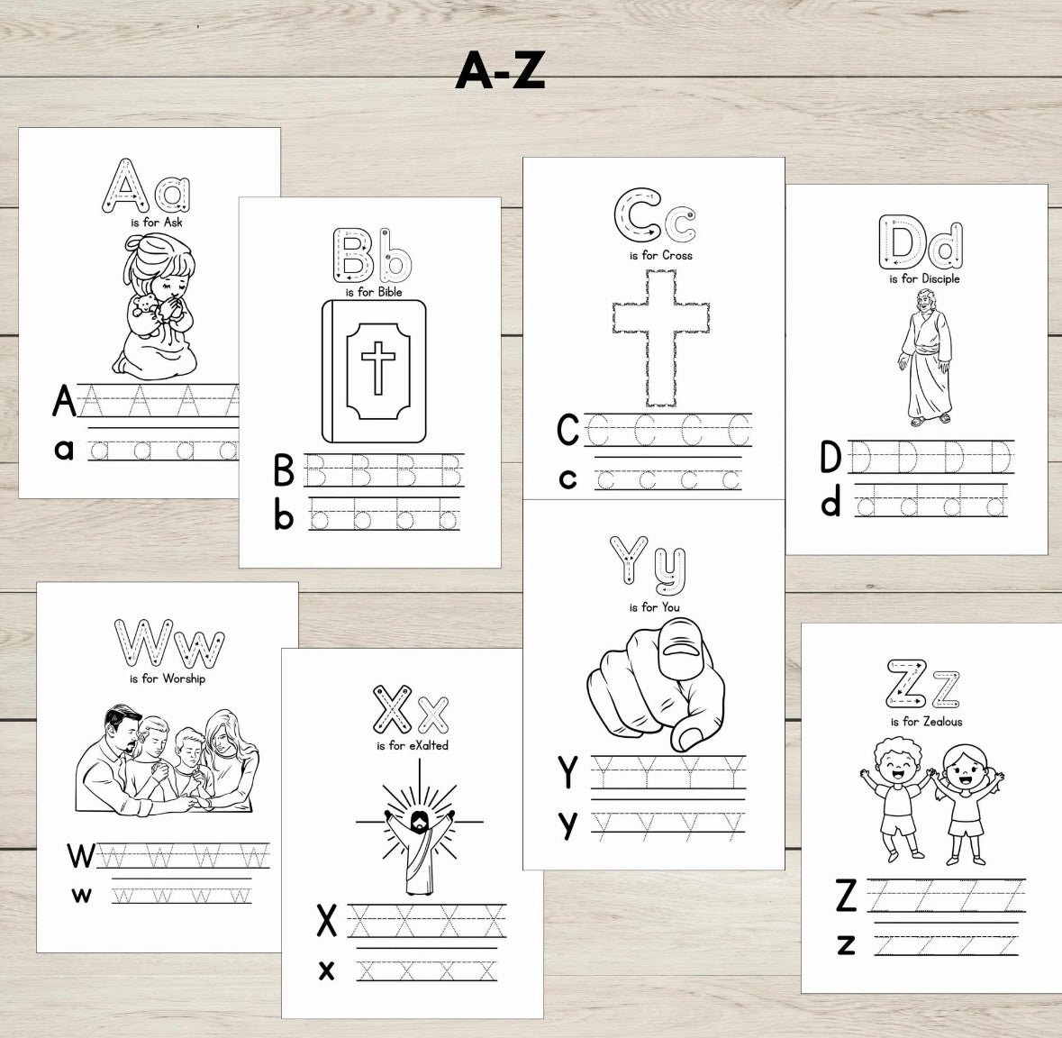 Alphabet colouring pages with bible themed phonic sounds. 