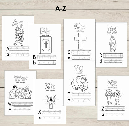 Alphabet colouring pages with bible themed phonic sounds. 