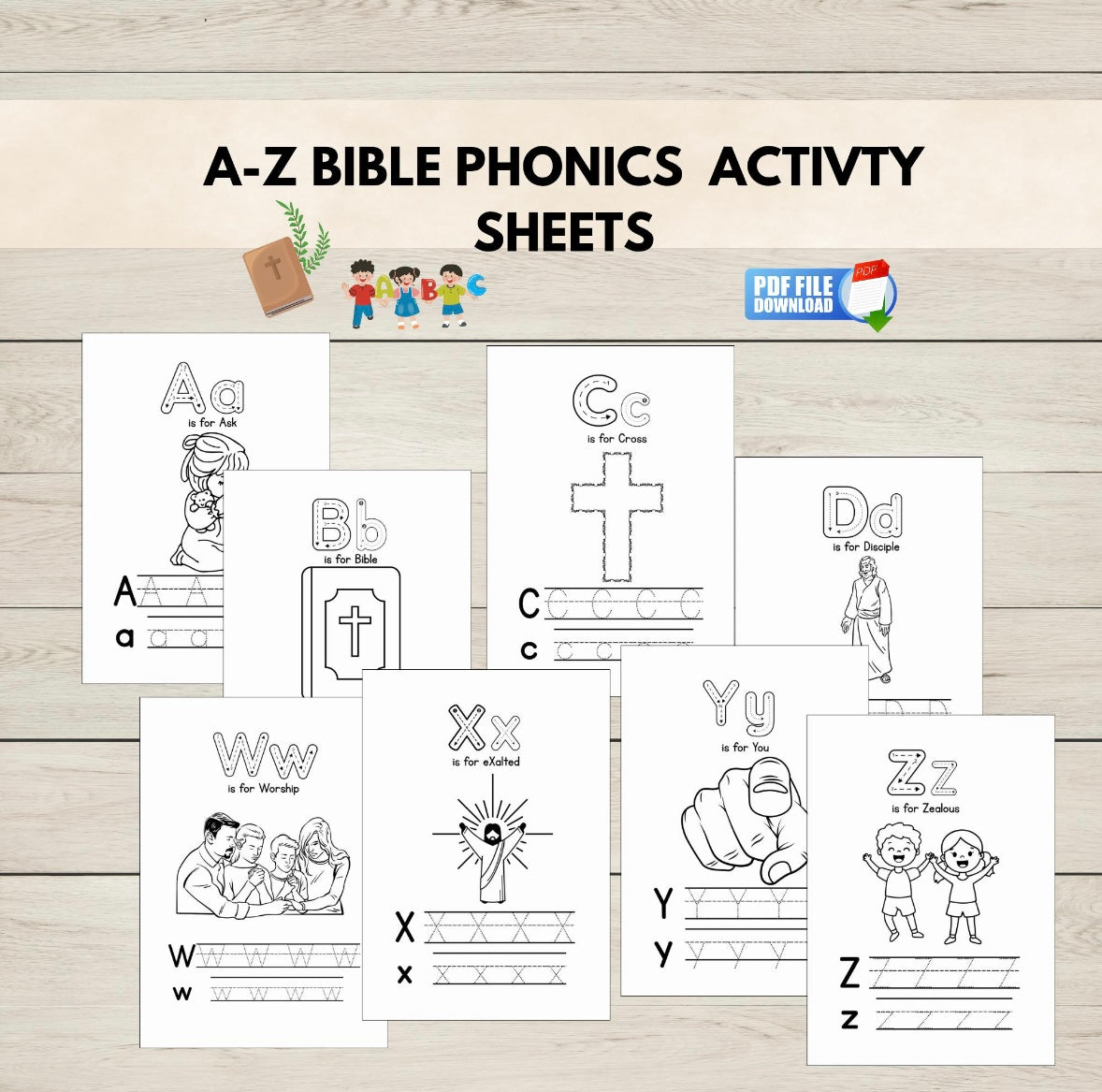 A-Z Bible Phonics Activity Sheets on a wooden surface with a PDF icon.