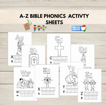 A-Z Bible Phonics Activity Sheets on a wooden surface with a PDF icon.